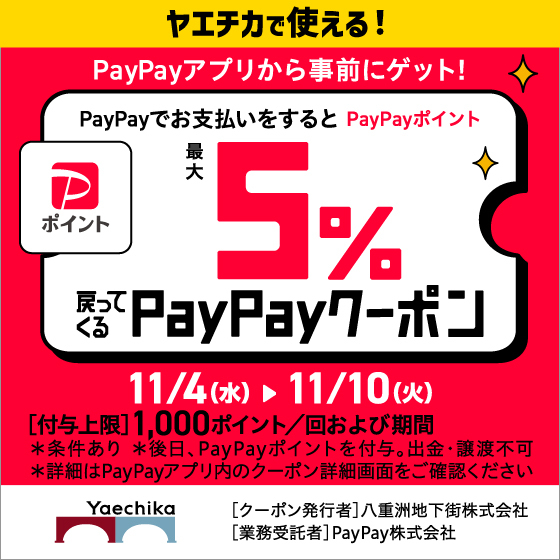 11/4(水)～11/10(火) PayPayポイント最大5%戻ってくるクーポン